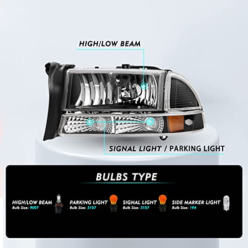 Headlight Assembly Set Fits for 1997-2004 Dakota / 1998-2003 Durango & Bumper Light 4 PCS Replacement OE Headlamp Black Housing with Clear Reflector