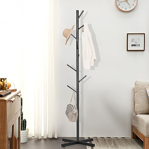 Metal Coat Rack, Freestanding Coat Rack with Cross Base, Coat Rack Stand with 8 Hooks for Hanging Scarf, Bag, Jacket, Coat Tree Hanger Stand (Golden)