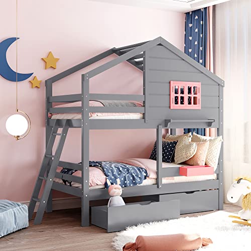 RUNNA Wood Twin Over Twin House Bunk Bed with Slide and Windows,Ladder,for Kids Toddler Teens Adults Bedroom Use