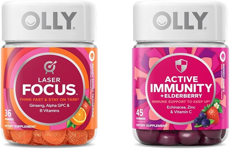 OLLY Laser Focus Ginseng Alpha GPC B Vitamins 36 Count & Active Immunity Elderberry 45 Gummies