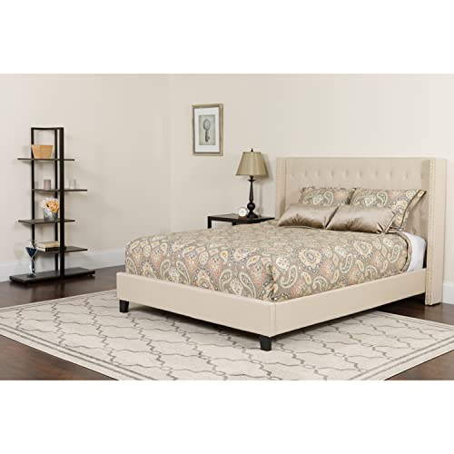 Flash Furniture Riverdale Queen Size Tufted Upholstered Platform Bed in Beige Fabric with Pocket Spring Mattress