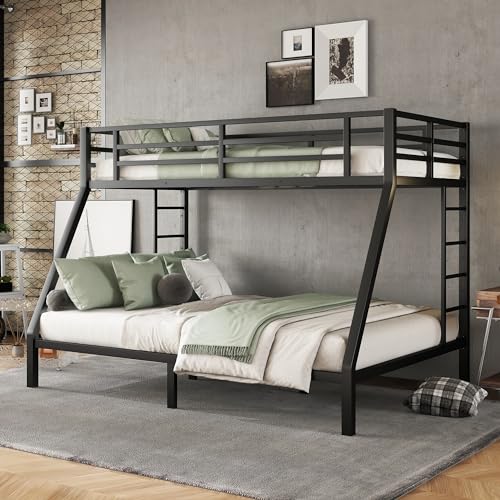 Full XL Over Queen Metal Bunk Beds for Adults,Heavy Duty Adult Bunk Beds,Bunk Bed Full Over Queen with 2 Ladders,Queen Bunk Bed,Noise-Free,Black