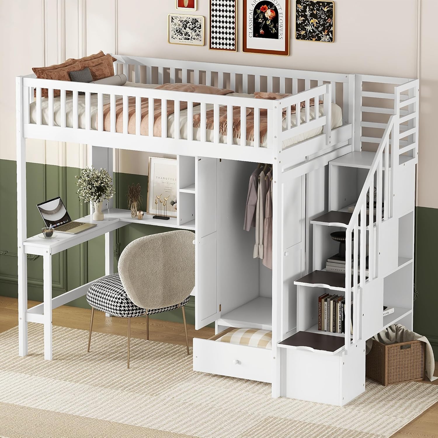 Twin Size Loft Bed with Desk, Wood Loft Beds with Stairs, Bookshelf, Wardrobe and Drawer for Kids, Teens, Boys and Girls, Stairway High Loftbed Frame for Bedroom, White
