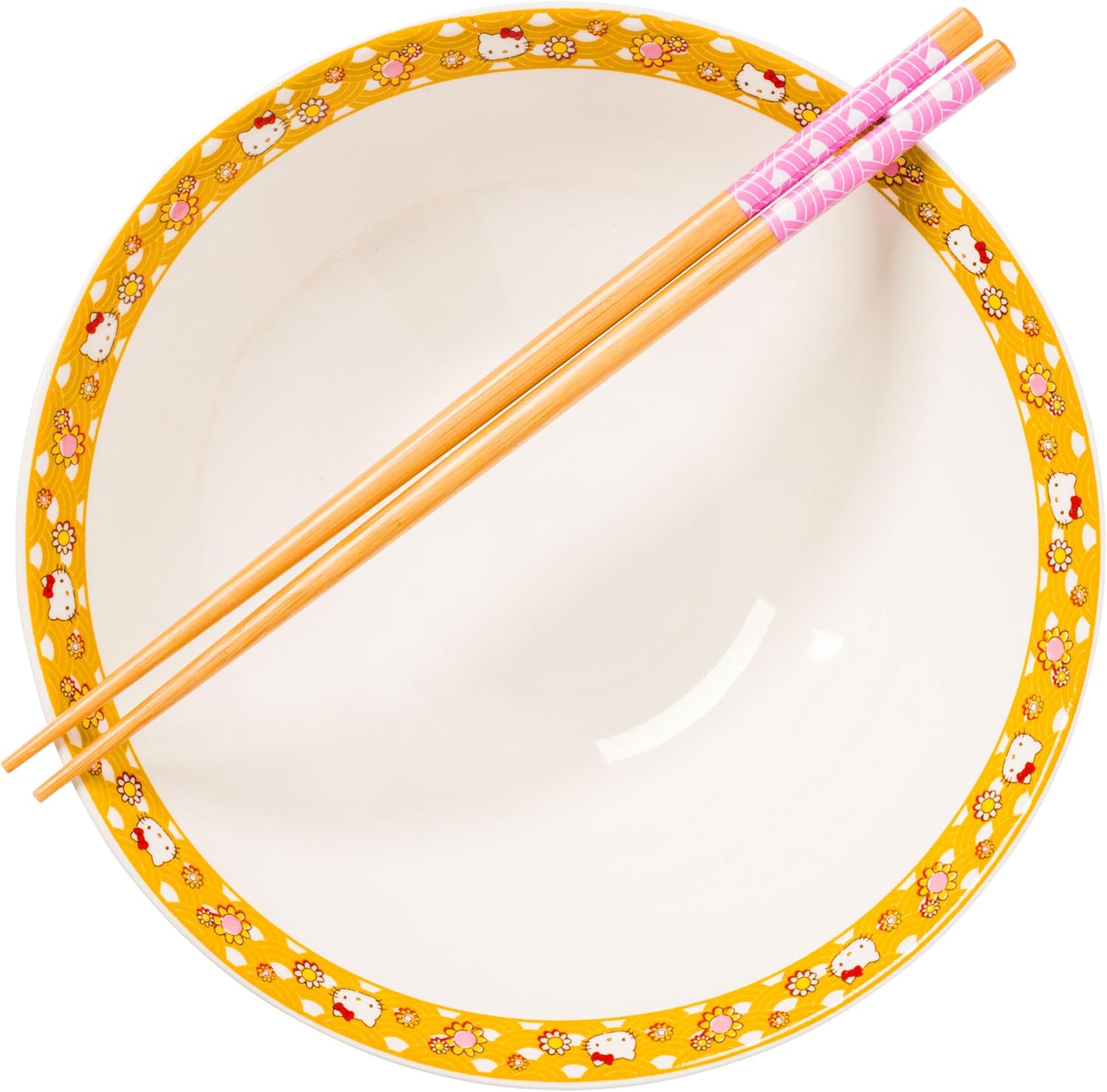 Silver Buffalo Sanrio Hello Kitty Pink and Gold Japanese Pattern with Flowers Ceramic Ramen Noodle Rice Bowl with Chopsticks, Microwave Safe, 30 Ounces