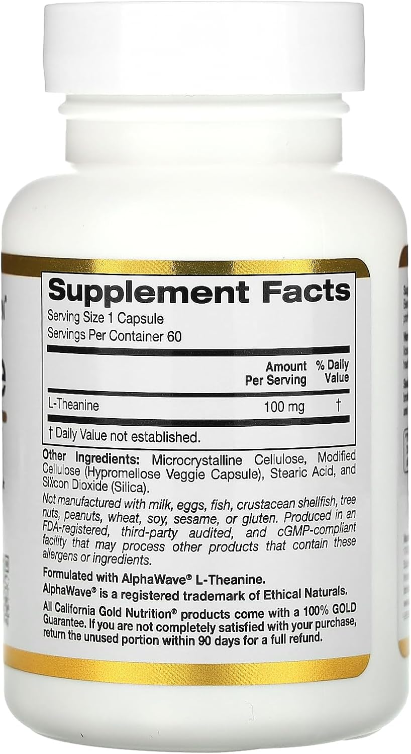 California Gold Nutrition L-Theanine, Featuring AlphaWave, 100 mg, 60 Veggie Capsules