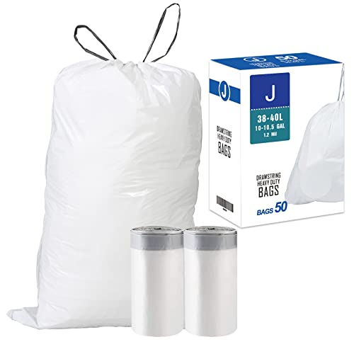 2 Packs(100 Count Total) Code J 10-10.5 Gallon Heavy Duty Drawstring Trash Bags Compatible with simplehuman Code J | 1.2 Mil | White | 38-40 Liter
