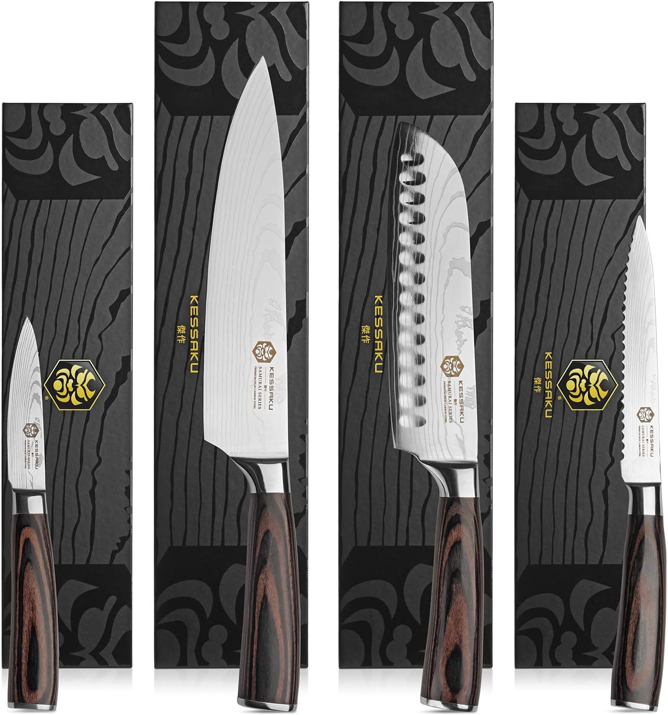 4 Knife Set - Samurai Series - High Carbon 7Cr17MoV Stainless Steel - 8-Inch Chef, 7-Inch Santoku, 5.5-Inch Utility, 3.5-Inch Paring