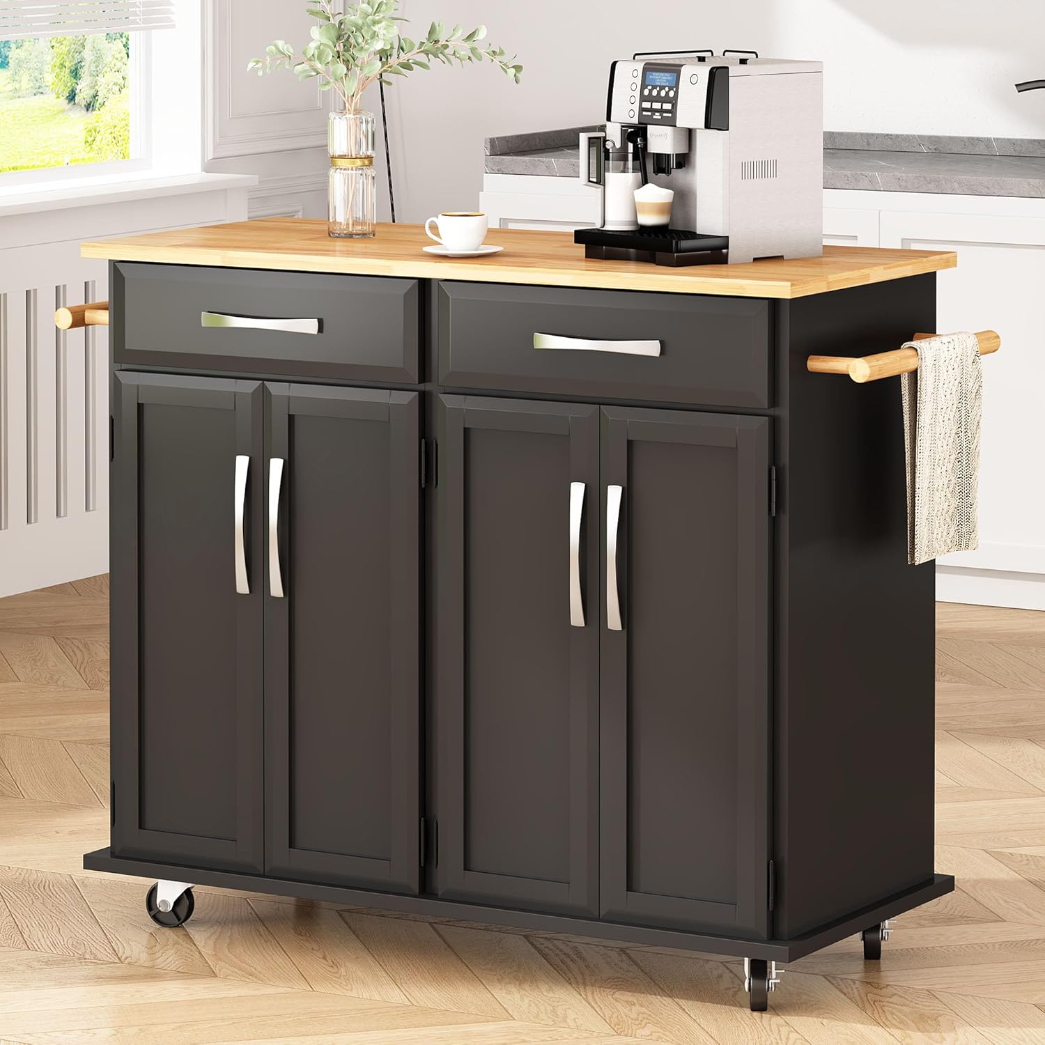 SogesPower Kitchen Island Cart with Storage Kitchen Cart Sideboard and Buffet with Wheels Bar Cart with Large Countertop, with Towel Holder and Spice Rack, 2 Drawers, 2-Door Cabinets, Black