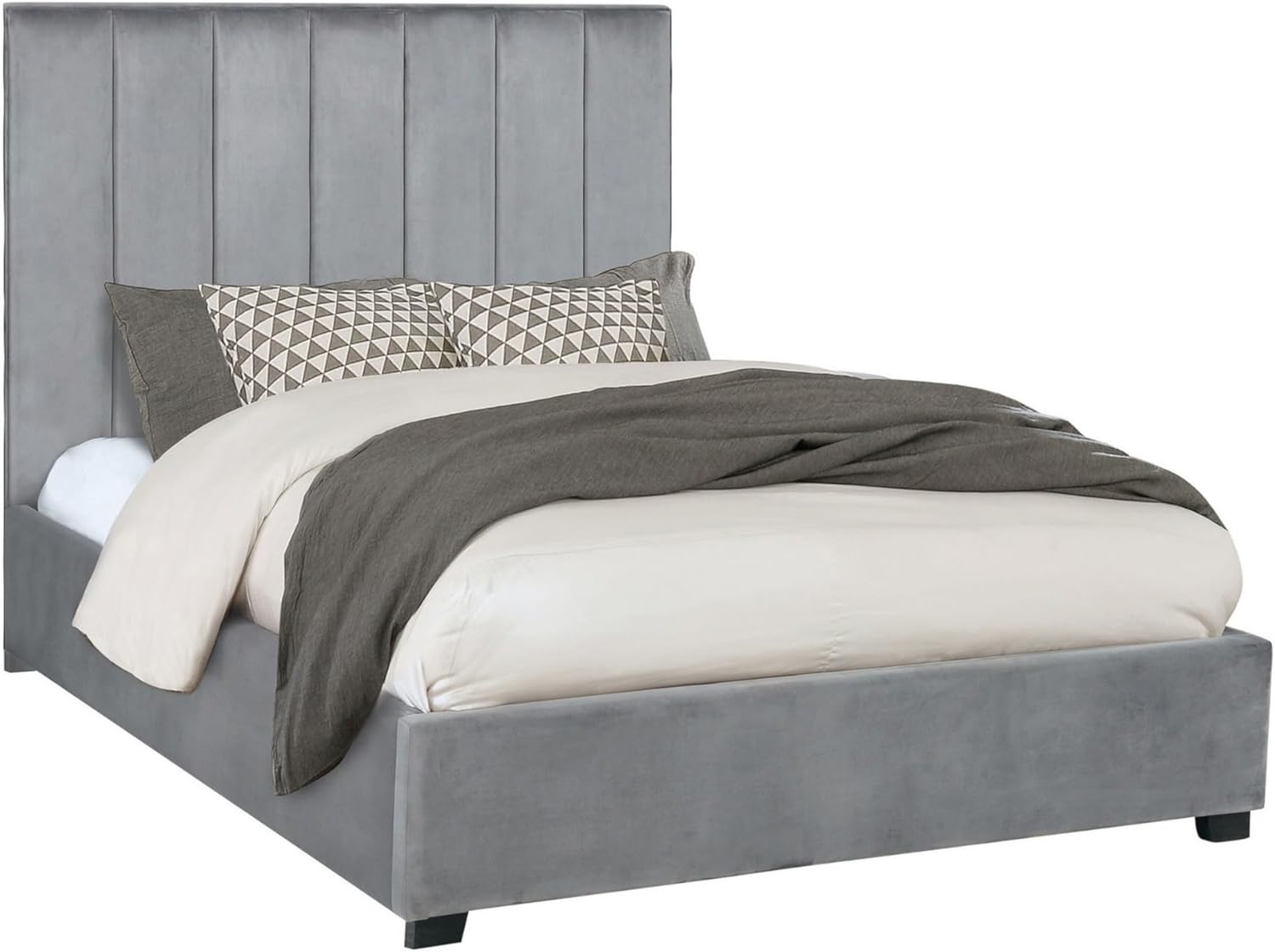 Benjara ESA Queen Panel Bed, Vertical Channeled Headboard, Velvet Upholstery, Gray and Black