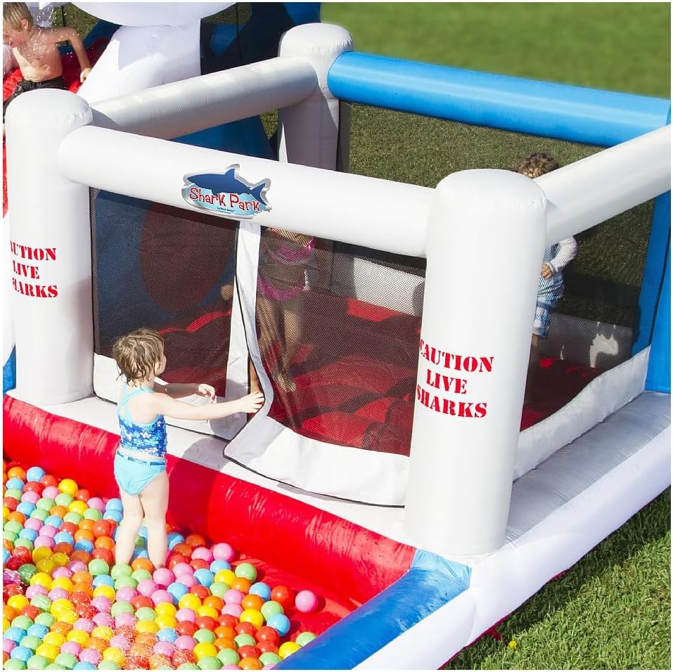 Blast Zone Shark Park 19x11 Inflatable Water Park Bouncer - Blower - Climbing Wall - Slide - Splash Area - Huge
