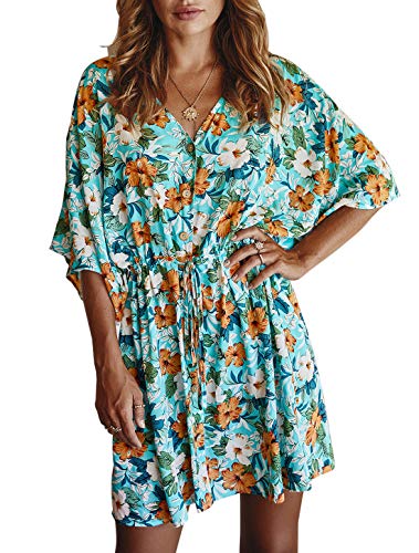 Cresay Women V Neck Bohemian Floral Print Button Down Beach Short Dress