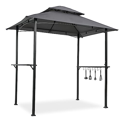 8 x 5 Outdoor Grill Gazebo, Double Tier Grill Canopy with Shelves and Hook, UV Resistant and Waterproof Fabric BBQ Gazebo for Barbecue and Picnic, Gray