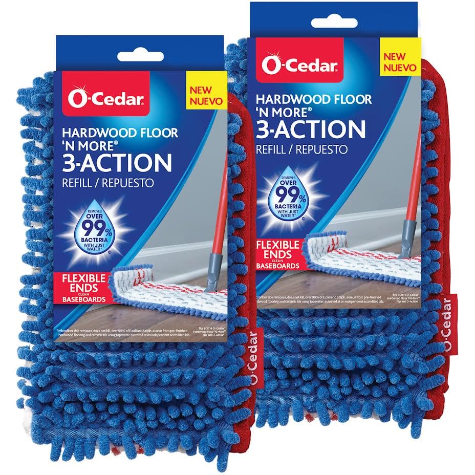 O-Cedar Hardwood Floor 'N More Microfiber 3-Action Flip Mop Refill (2-Pack) | Double-Sided Mop Head with Microfiber and Chenille | Reusable, Machine-Washable Mop Head Replacement