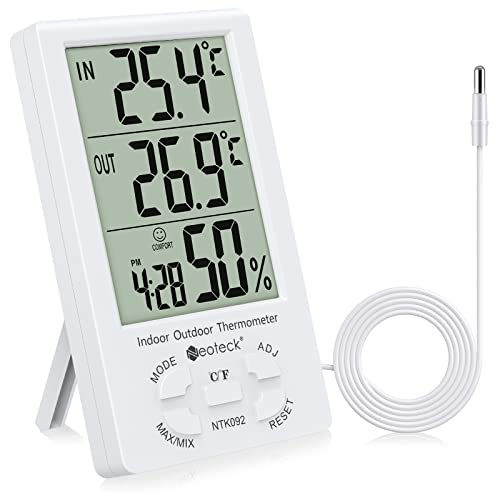 Neoteck 3 in 1 Thermometer Hygrometer with Clock Large LCD Display, Digital Humidity Temperature Meter 1.5m Sensor Wire for Indoor Outdoor Use