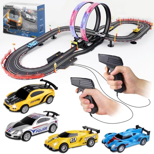 Slot Car Race Track Sets, 23ft Battery Powered or Electric Track with 4 Slot Cars, Dual Racing Game Lap Counters, Race Track Set Features a Loop, Turns, Straightaways and a Crossover for Boys Age 6-12