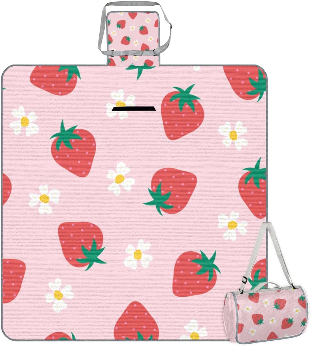 Picnic Blankets 57”x 59”, Flower Strawberry Waterproof Sandproof Picnic Mat Lightweight Foldable Beach Blanket for Camping Park Grass Beach Outdoor Blanket