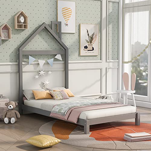 Merax Twin Modern Kids House Beds, Wood Plattform Bed with Headboard for Toddlers,Boys,Girls, No Box Spring Need (Twin, White)