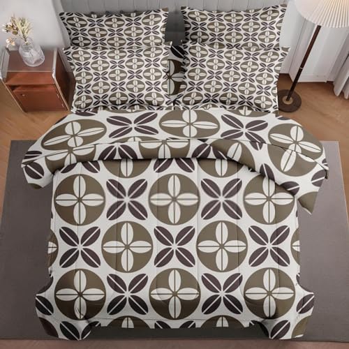 5 Pcs Comforter Set Twin Size, Retro Stripe Orange Bed in a Bag with Flat Sheet and Fitted Sheet for Kids and Adults, Autumn Blue Green Bedding Set with Pillowcase & Sham