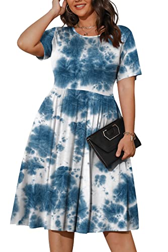 POSESHE Womens Plus Size Summer Dress 2024 Casual Short Sleeve Empire Waist Loose Fit Swing T-shirt Dress with Pockets