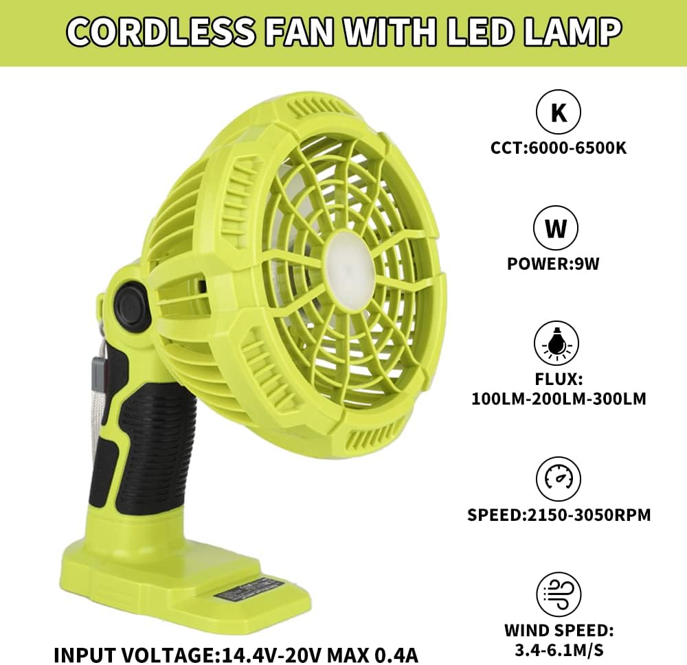Portable Fan for Ryobi 18v Battery, Cordless Fans Portable Battery Operated Fan with Battery and Charger,with 300LM LED Light, for Hom, Outdoor,Camping, Picnic and Job Site