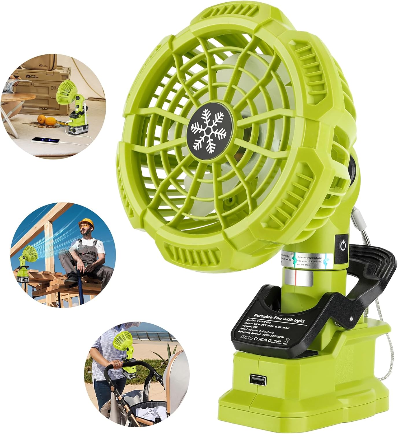 YEX-BUR Portable Clip on Fan for Ryobi 18v Battery, Quiet Battery Operated Personal Fan, Clamp Fan with USB Port for Outdoor Camping Worksite Home Office