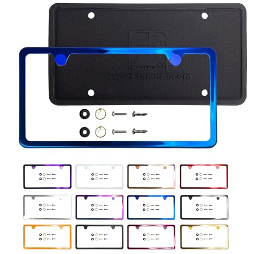 T304 Stainless Steel Two Holes Slim License Plate Frame Black Chrome Gun Metal Gray Electroplating Universal Fit Aluminum Screw On Cap Cover, Silicone Back Guard, Rust Proof (Qty: 1 Frame)