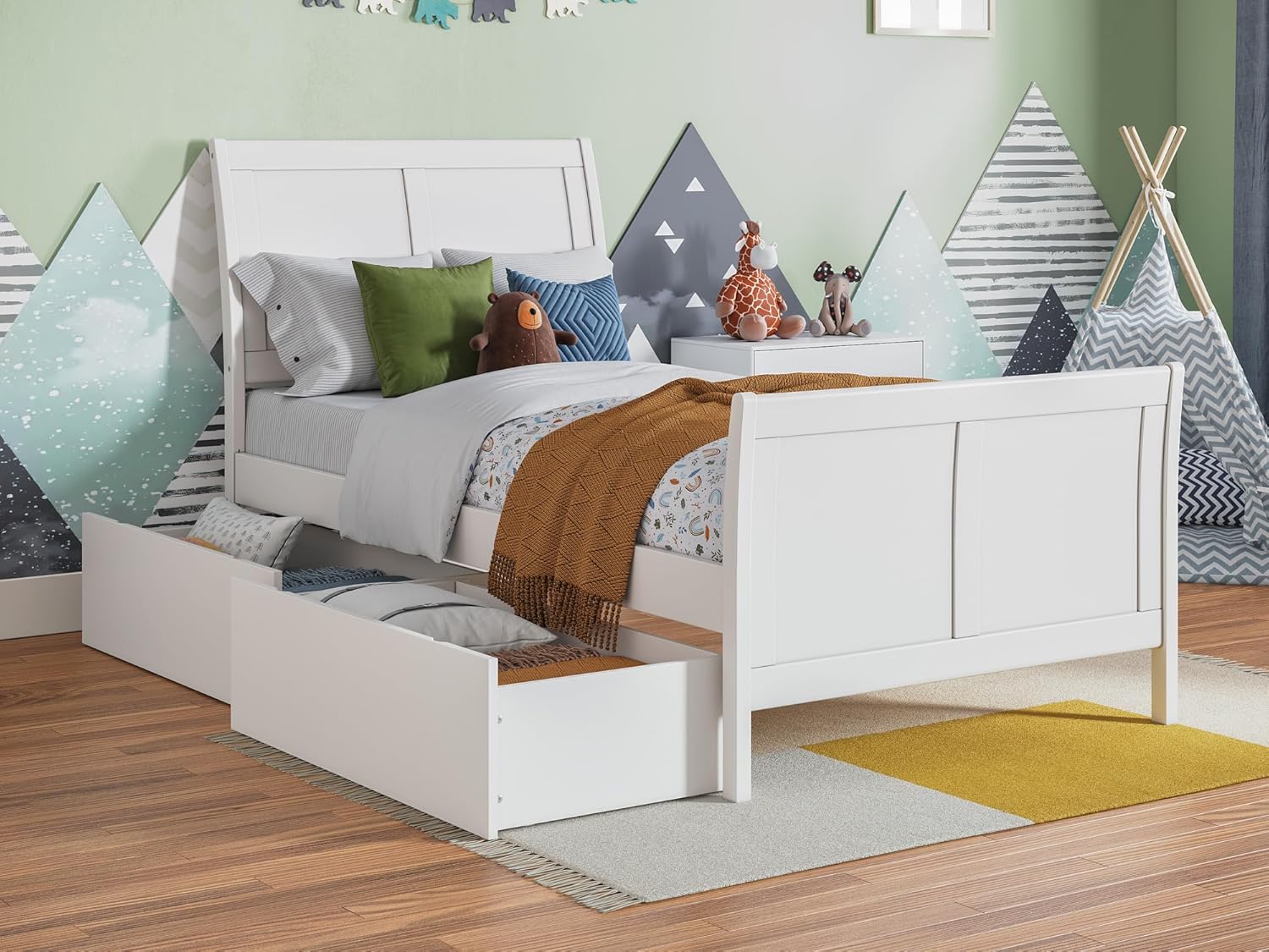 AFI Portland Twin Size Platform Bed with Matching Footboard & Storage Drawers in White