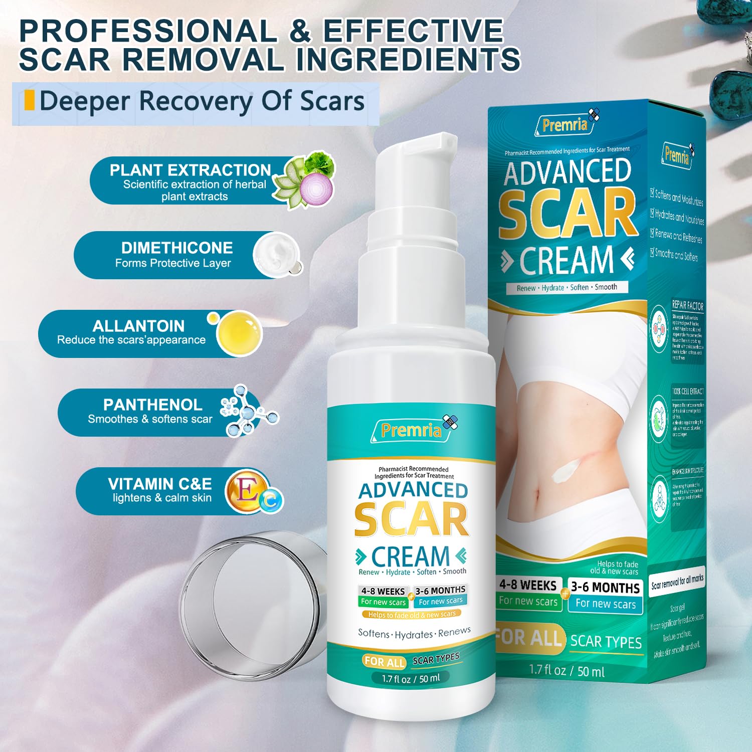 100% Silicone Scar Gel - Scar Cream, Advanced Scar Gel for Surgical Scars, C-Section, Stretch Marks, Acne, Injury, Burns, Keloids, Hypertrophic, Old and New Scars by Premria BEAUTY 1.7oz (50g)