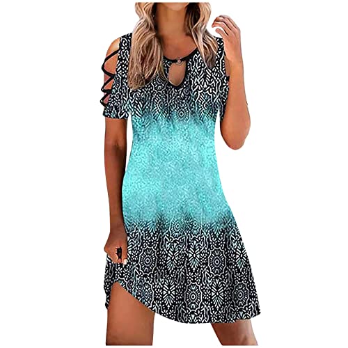 Womens Summer Dresses 2024 Casual Cold Shoulder Boho Dress Floral Short Sleeve A Line Dress Beach Party Mini Dress