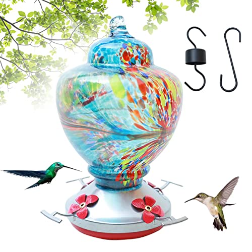 Hummingbird Feeder for Outdoors Glass Bird Feeders Easy to Clean&Filling Bird Feeder Best with Color Hand Blown Glass Leakproof 32 Ounces Blue Hummingbird Feeders Hanging Hook&Ant Moat