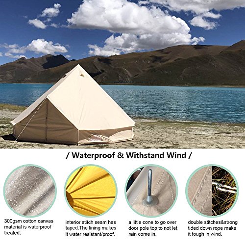UNISTRENGH 4 Season Large Waterproof Cotton Canvas Bell Tent Beige Glamping Tent with Roof Stove Jack Hole for Camping Hiking Christmas Party