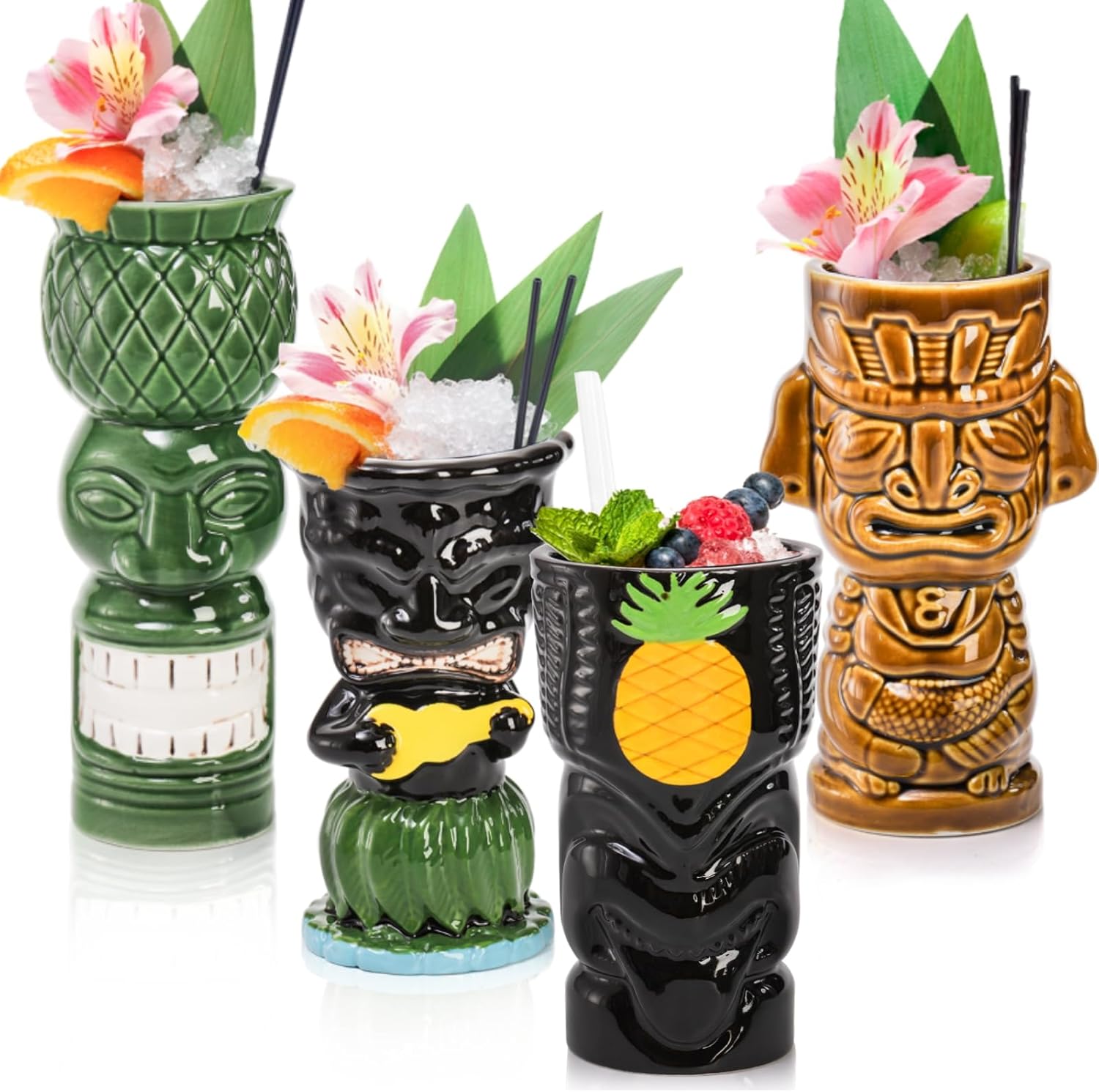 4 Pack Ceramic Tiki Mugs, Large Hawaiian Tiki Glasses, Exotic Zombie Drinking Tumbler Cups, Tiki Bar Professional Barware for Cocktail, Mai Tai, Whiskey, Rum, Vodka, Party Decorations