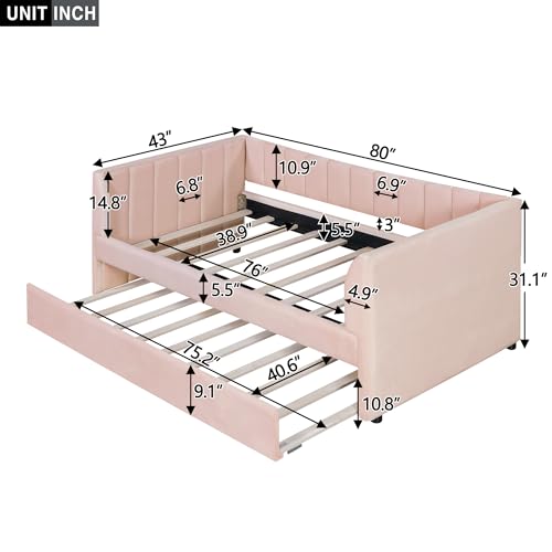 Twin Size Daybed with Trundle for Kids, Upholstered Velvet Twin Daybed Sofa Bed Frame for Bedroom/Living Room, No Box-Spring Needed, Green