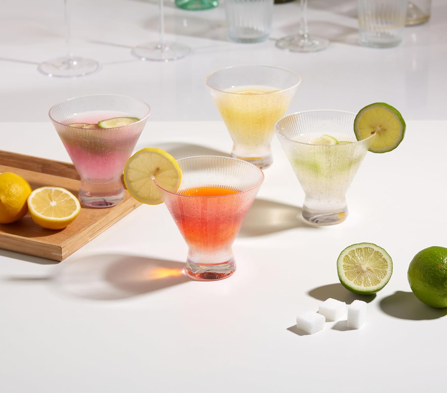 KooK Stemless Ribbed Martini Glasses, Footed Drinking Cups, Great for Cocktails, Margaritas, Liquor, Desserts and More, Dishwasher Safe, Clear, 9 oz, Set of 4