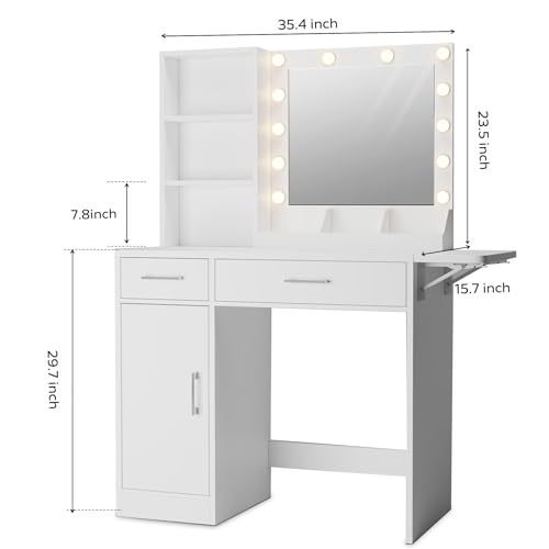 Makeup Vanity Desk with LED Lighted Mirror, Adjustable Brightness, Modern Dressing Table w/Storage Drawers & Cabinet for Bedroom Girls Women (White)