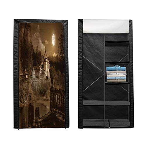 Ambesonne Gothic Portable Fabric Wardrobe, Photo of Old Medieval Myst House in Retro Vintage Color at Full Moon Boho Style, Clothing Organizer and Storage Closet with Shelves, 33.5