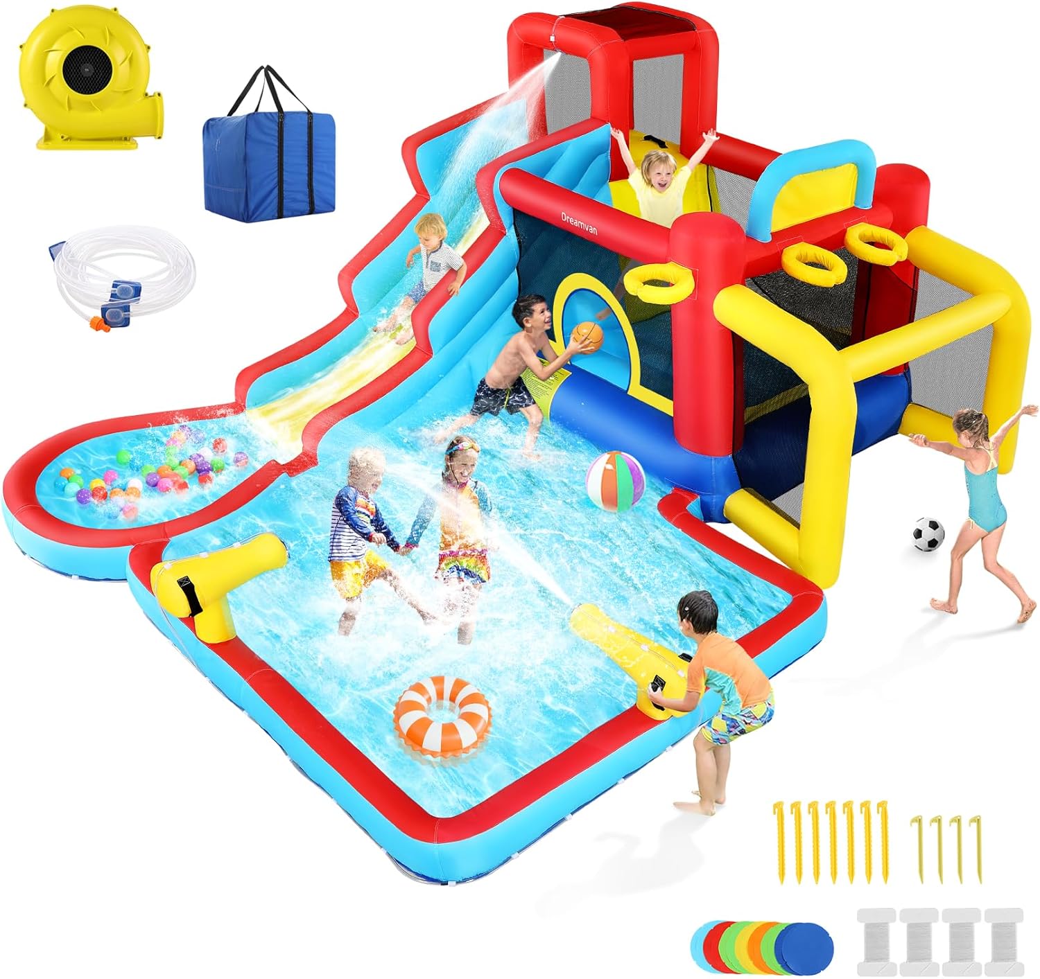 Inflatable Bounce House Water Slide 10 in 1 Bouncy House with Splash Pool, Jump Area, Water Slide, Climbing Wall, 2 Water Gun & 620W Blower for Outdoor Backyard (Water Park) 1