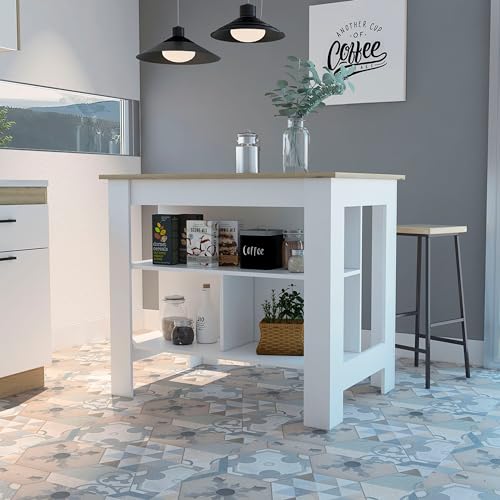 Tuhome Cala Kitchen Island, Four Legs, Three Shelves -White/Onyx