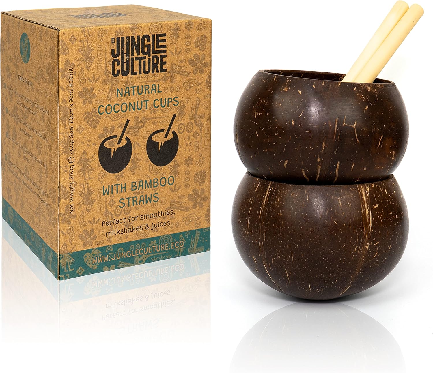 Jungle Culture® Real Coconut Shell Cups for Malibu Cocktails & Smoothies • Small Coconut Bowls & Bamboo Straws • Natural Wooden Cup • Drinking Mugs/Tumblers for Party • Zero Waste Sustainable Gifts