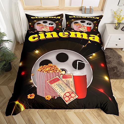 Movie Theater Decor Bedding Duvet Cover Set Queen Size Movie Night Bedding Set for Kids Boys Decor Cinema Comforter Cover Set Old Fashion Home Theater Bedspread Cover Bedroom Bedclothes