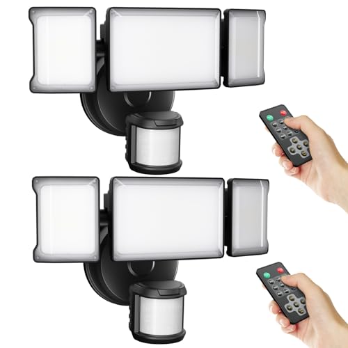 75W Motion Sensor Security Lights with Remote Control,3 Heads Motion Detection Outdoor Lights 6500K IP65,7500LM Flood Lights Dusk to Dawn Motion Sensor Lights for Yard Garage Porch Wall 2PCS