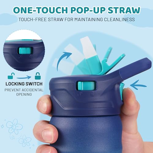 HAUSHOF Kids Water Bottle 12 oz BPA-free with Straw and Stickers, Stainless Steel Vacuum Double Wall Insulated cup with Leak Proof for school, Gift, Girls (Green and Pink)