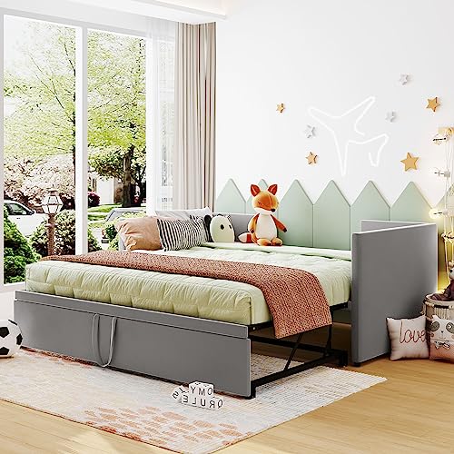 Twin Size Upholstered Daybed with Pop Up Trundle, Velvet Sofa Bed Frame, No Box Spring Needed, Easy Assembly, for Kids, Adults, Bedroom, Gray