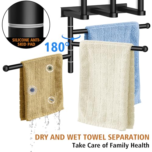 Kayfia Towel Racks for Bathroom with 180° Rotation Swivel Towel Bar, Towel Storage with Metal Shelf, Towel Rack Wall Mounted Can Holds 7 Towels, Space Saving Towel Holder for Small Bathroom, Black