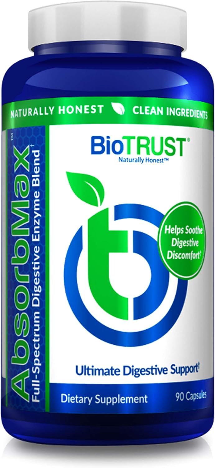 BioTrust AbsorbMax Broad Spectrum Digestive Enzyme Blend, Gluten Free, Non GMO, Digestive Support for Nutrient Digestion, Absorption and Periodic Digestive Discomfort and Bloating