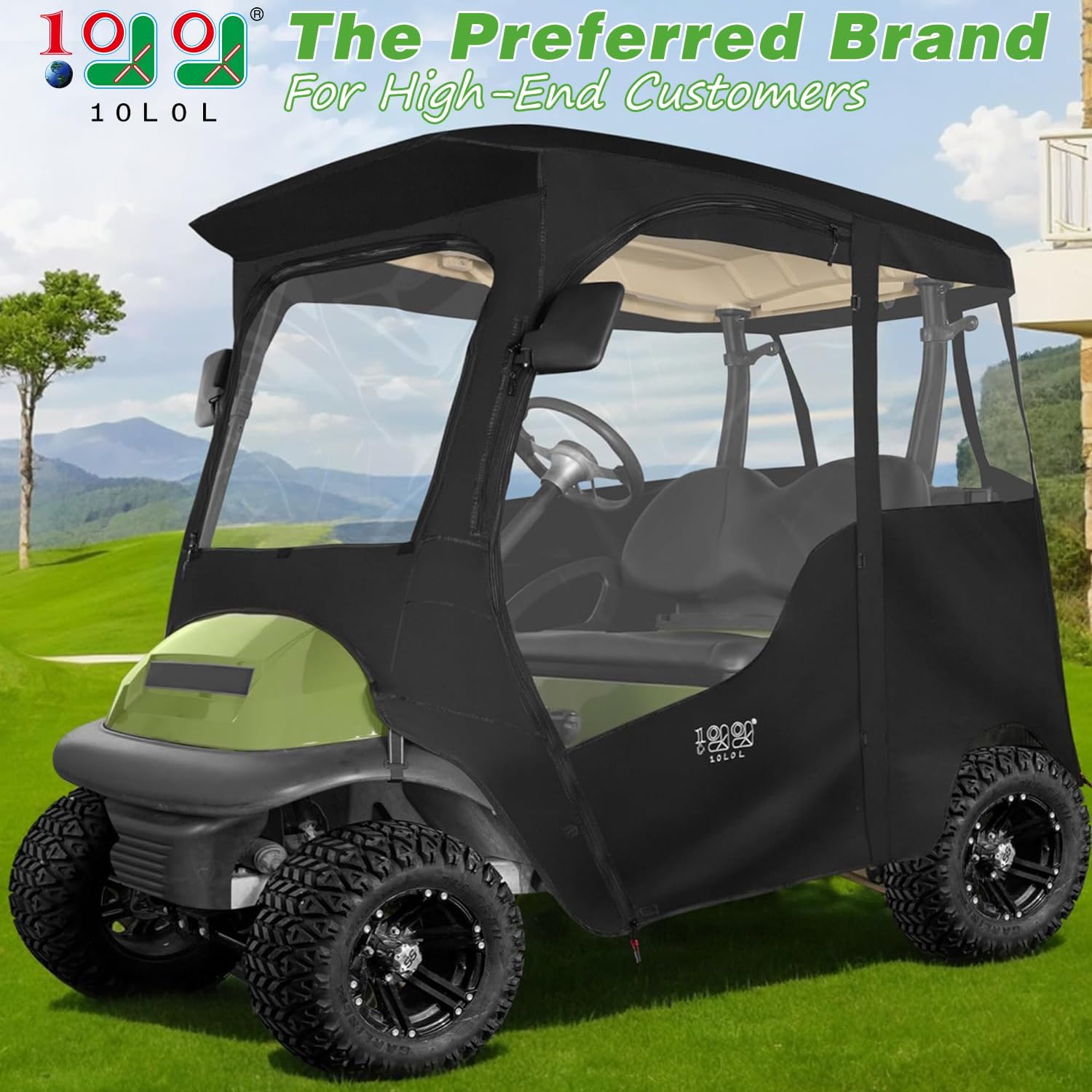 10L0L 800D Deluxe Golf Cart Enclosure 2 Passenger for Club Car Precedent, Onward & Tempo Golf Cart, 4 Sided Clear PVC Window with Security Side Mirror Openings and Zipper Entry Golf Cart Rain Cover