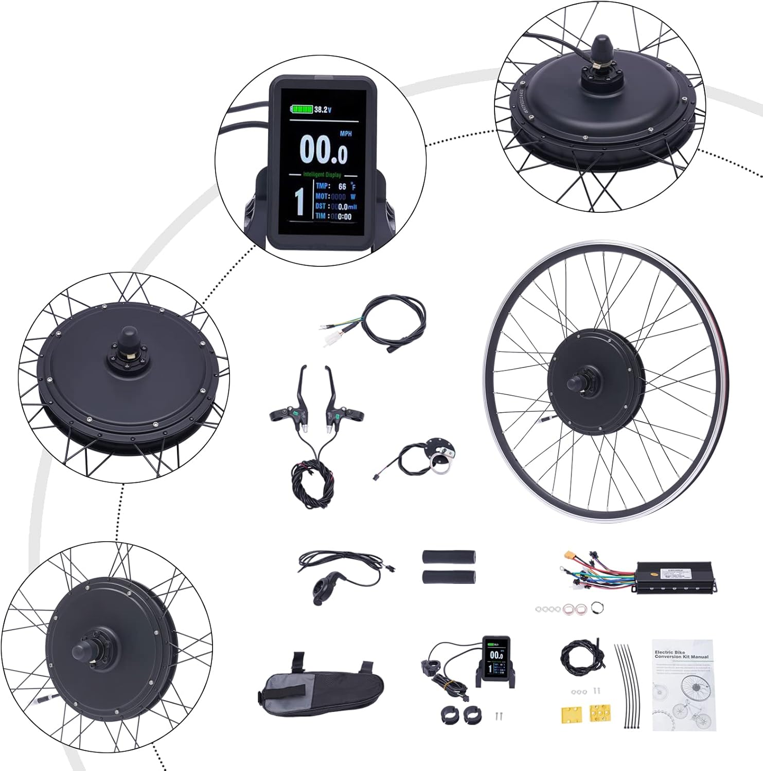 Electric Bicycle Motor Kit 48V 1000W Front/Rear Wheel Powerful Motor E-Bike Conversion Kit w/Display 5 Gears Adjustment 45-55km/h Compatible with Universal Disc Brakes and V-Shaped Brakes