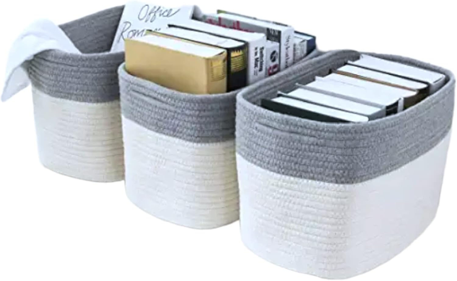 Oval Cotton Rope Basket - 18 Inch Diameter - Gray/White Color - Open Top Storage