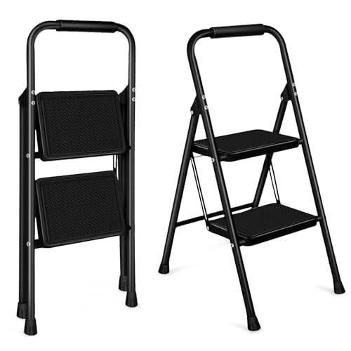 Folding Step Stool Ladder with Wide Anti Slip Pedal Portable Steel Step Stool Lightweight Collapsible Ladder with Rubber Handgrip for Adult Household Kitchen Office (White,3 Step Ladder)