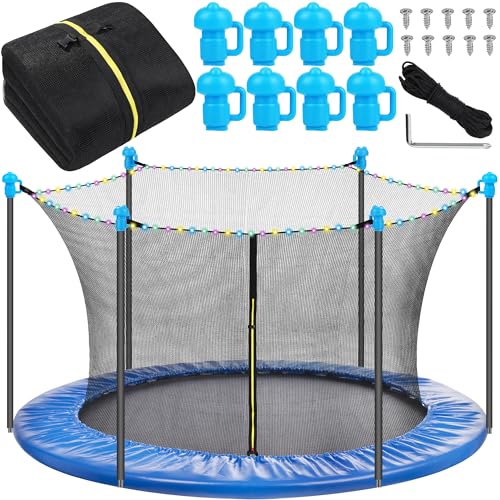 RUODON Trampoline Replacement Net 6 Poles Safety Enclosure Net with Luminous String Lights Remote, 8 Pcs Enclosure Pole Cap for 6 Straight Poles Round Frame Trampoline